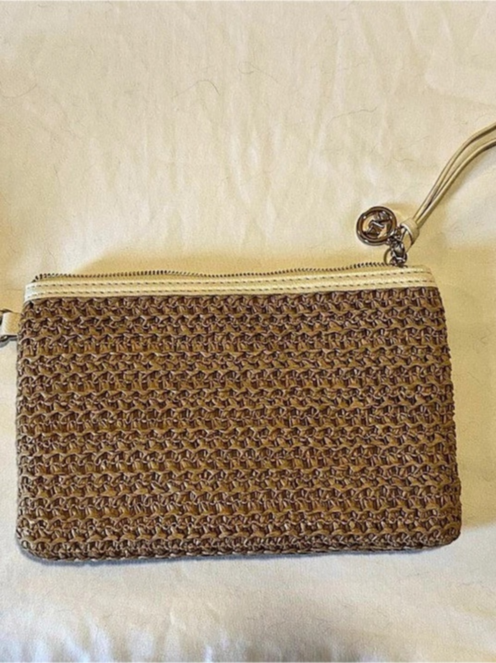 Anne Klein Woven Straw Wristlet Clutch Tan & Cream